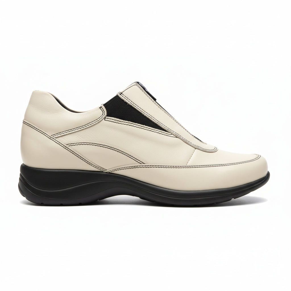 Sneakers Donna, Freemod, con Zip ed Elastici, Vera Pelle Avorio