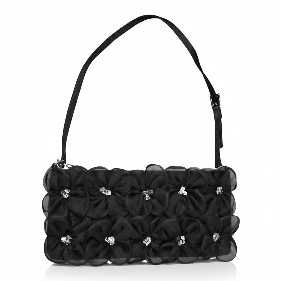 Pochette Nera Albertario con fiori in rilievo, Decorata con cristalli, Borsetta a spalla