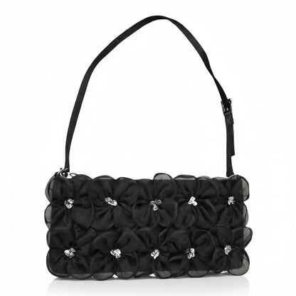 Pochette Nera Albertario con fiori in rilievo, Decorata con cristalli, Borsetta a spalla