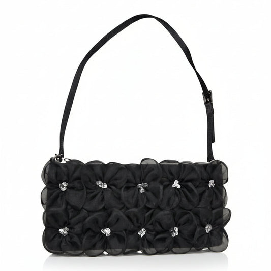 Pochette Nera Albertario con fiori in rilievo, Decorata con cristalli, Borsetta a spalla