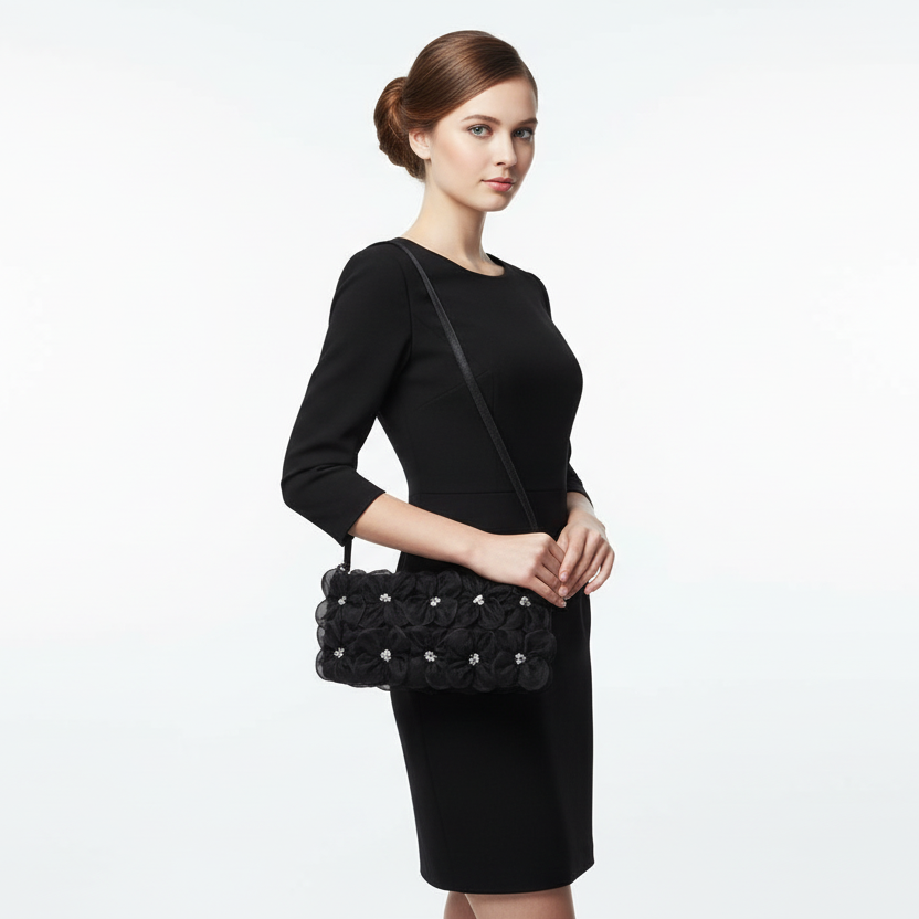 Pochette Nera Albertario con fiori in rilievo, Decorata con cristalli, Borsetta a spalla