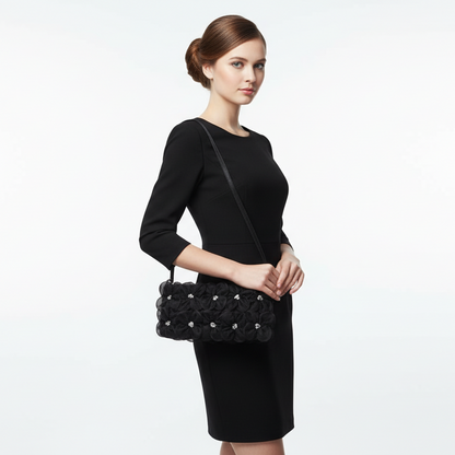 Pochette Nera Albertario con fiori in rilievo, Decorata con cristalli, Borsetta a spalla