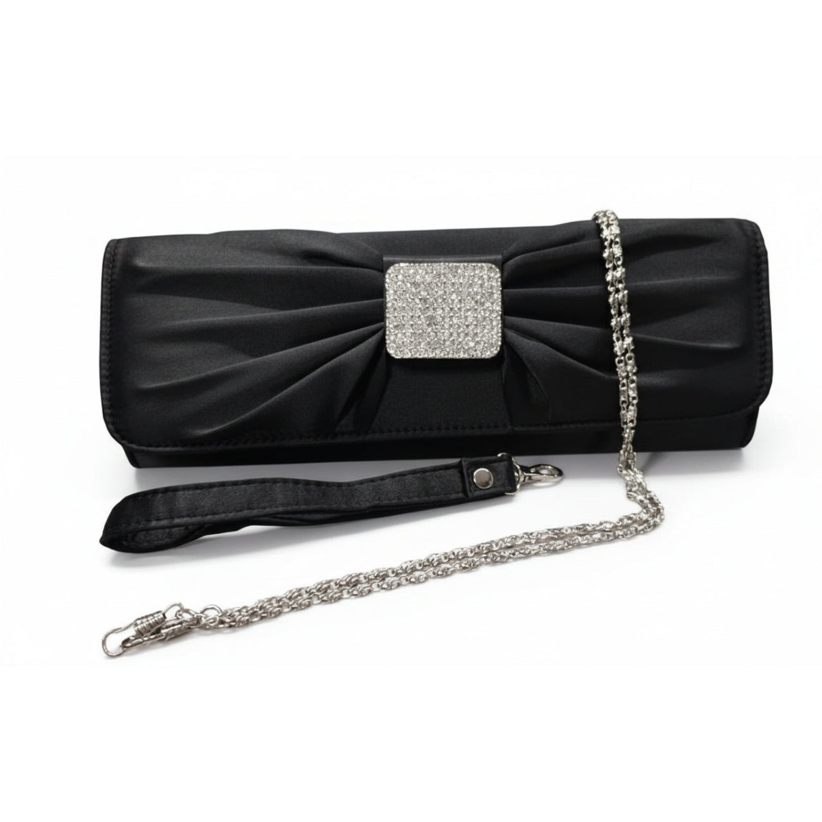 Pochette da sera elegante, Raso Nero, con Fiocco drappeggiato, Decorazione Strass, Clutch Cerimonia
