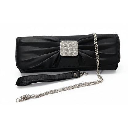Pochette da sera elegante, Raso Nero, con Fiocco drappeggiato, Decorazione Strass, Clutch Cerimonia