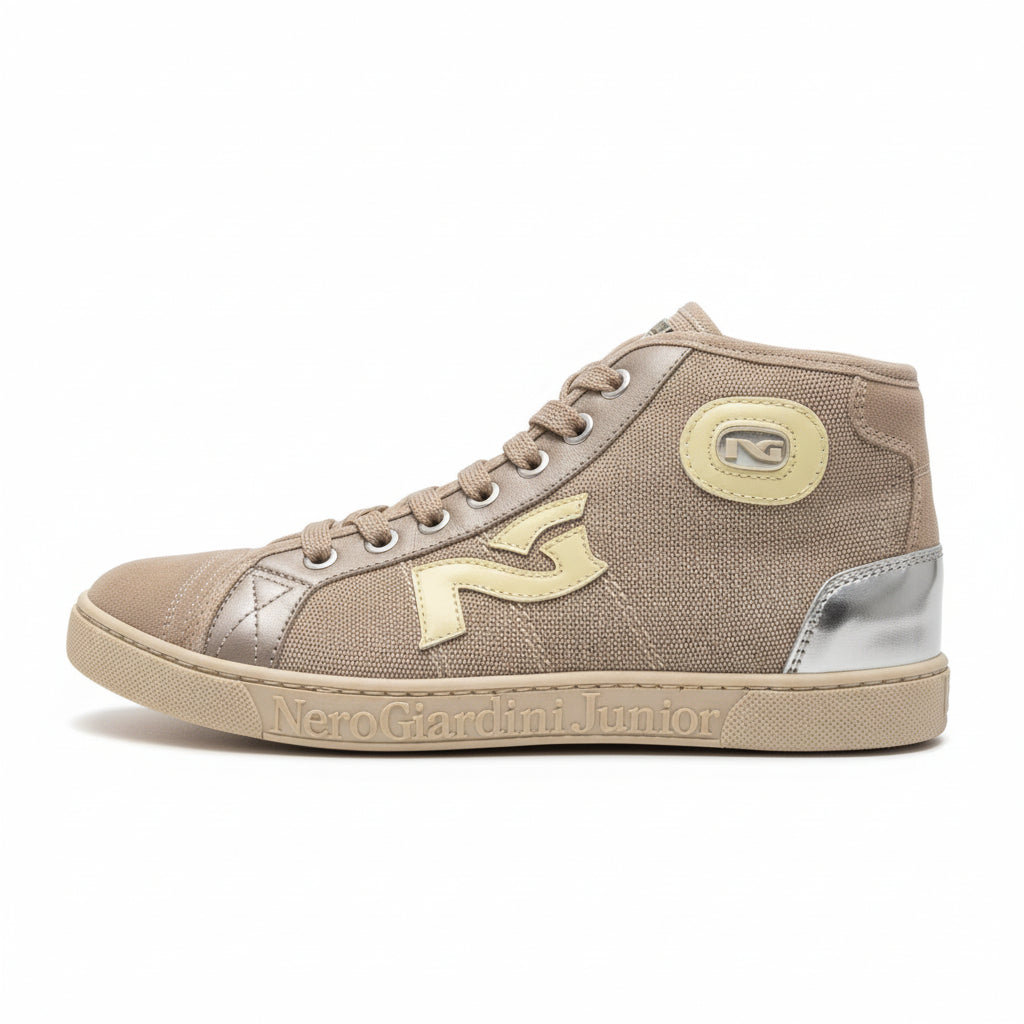 Sneakers Bambini Nero Giardini Sabbia Vera Pelle Tela Beige