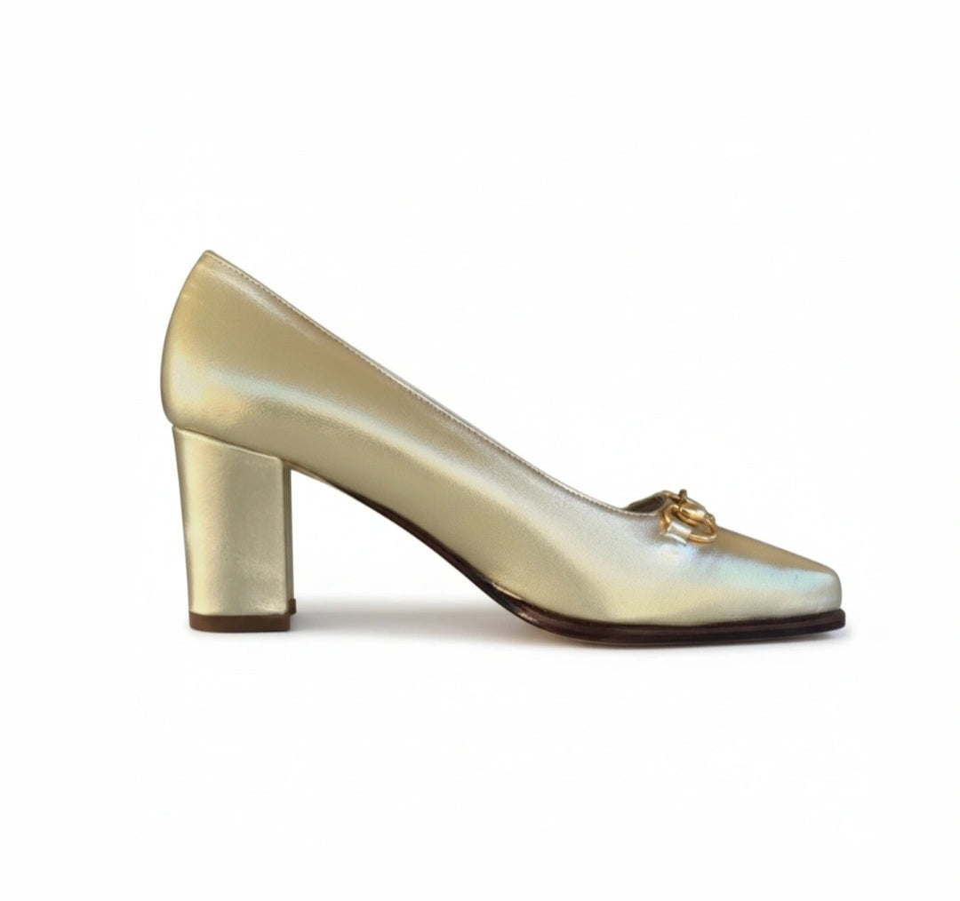 Décolleté Ok Calzature 04004 Vera Pelle Platino con morsetto oro