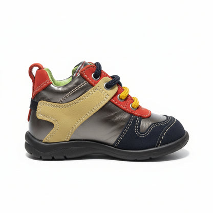 Sneakers Bambino, Primigi, Nappa Grigio Laminato, Rosso, Beige, Blu, 71116