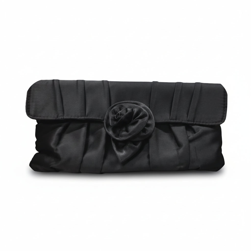 Pochette Elegante, Donna, Raso Nero, con fiore tridimensionale, Clutch a mano, catenina tracolla argento