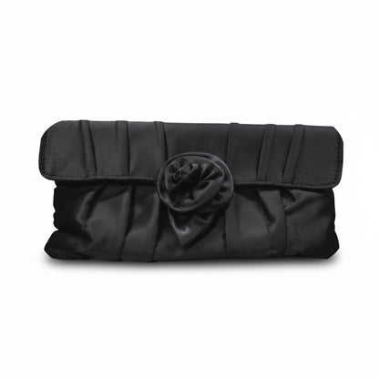 Pochette Elegante, Donna, Raso Nero, con fiore tridimensionale, Clutch a mano, catenina tracolla argento
