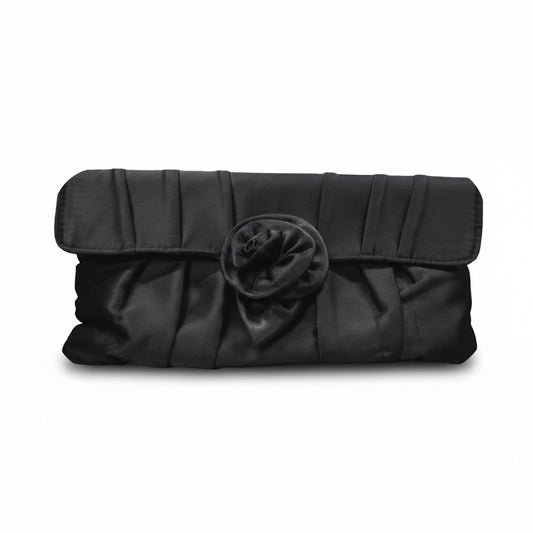 Pochette Elegante, Donna, Raso Nero, con fiore tridimensionale, Clutch a mano, catenina tracolla argento