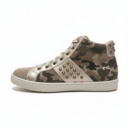 Sneakers Nero Giardini Junior Bambina, Vera Pelle, Beige Mimetico Glitter, Borchie, 35 EU
