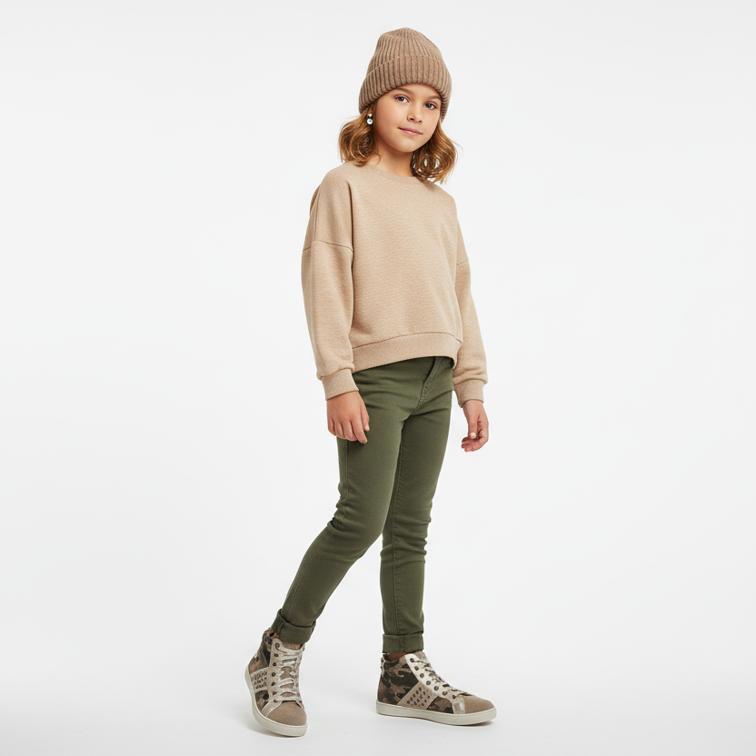 Sneakers Nero Giardini Junior Bambina, Vera Pelle, Beige Mimetico Glitter, Borchie, 35 EU