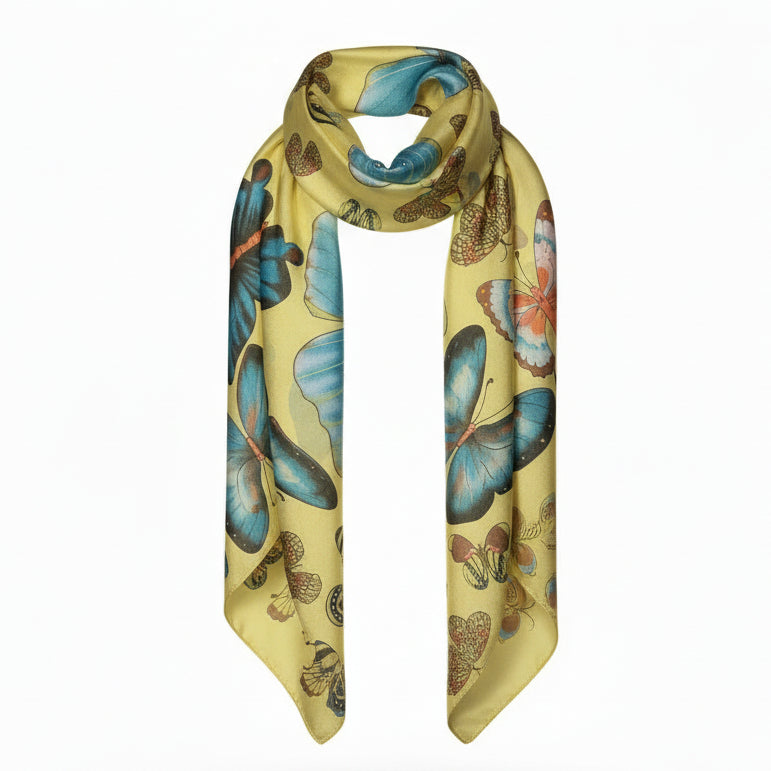 Foulard giallo Coveri Collection con stampa farfalle blu
