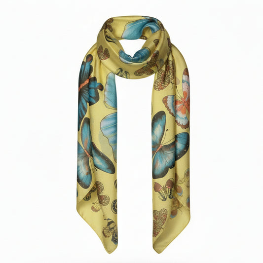 Foulard giallo Coveri Collection con stampa farfalle blu