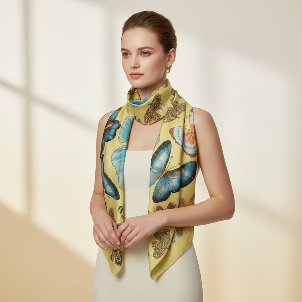 Foulard giallo Coveri Collection con stampa farfalle blu