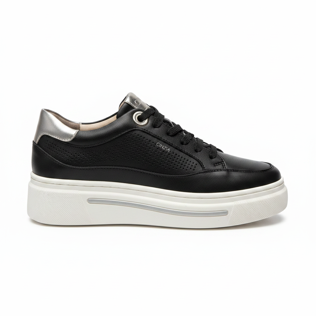 Sneakers Donna Cinzia Soft, Plantare Estraibile, Vera Pelle Nero Argento Platform IV1019258