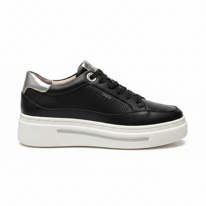 Sneakers Donna Cinzia Soft, Plantare Estraibile, Vera Pelle Nero Argento Platform IV1019258