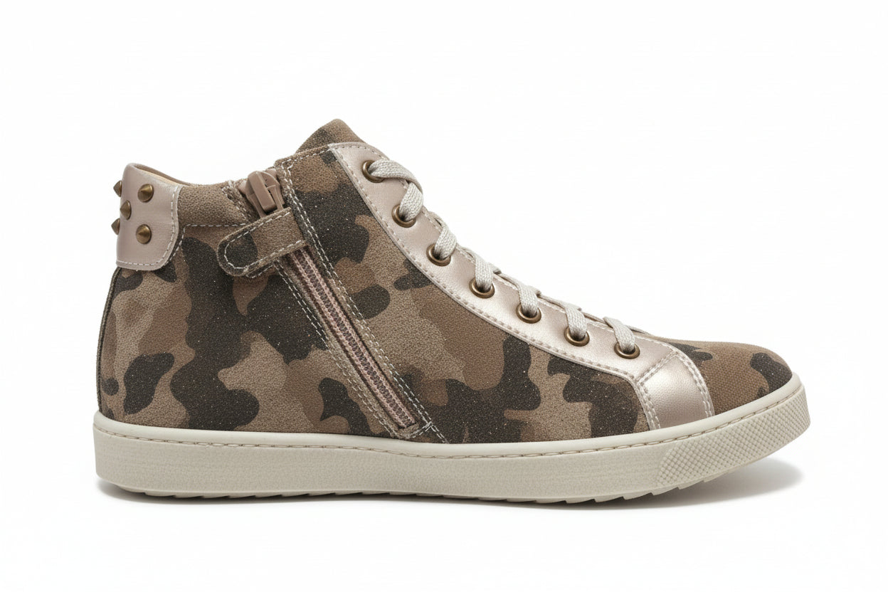 Sneakers Nero Giardini Junior Bambina, Vera Pelle, Beige Mimetico Glitter, Borchie, 35 EU