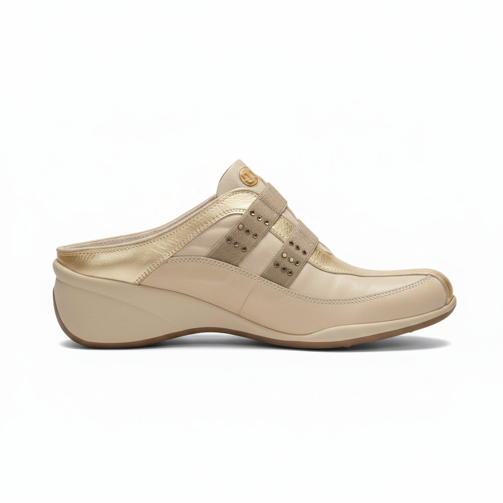 Sabot Nero Giardini, 00603, Vera Pelle Beige Deserto Laminato Oro, 40 EU