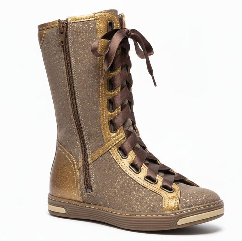 Stivali Nero Giardini Junior Vera Pelle, Beige e Oro, Laccio Marrone in Raso, 36126