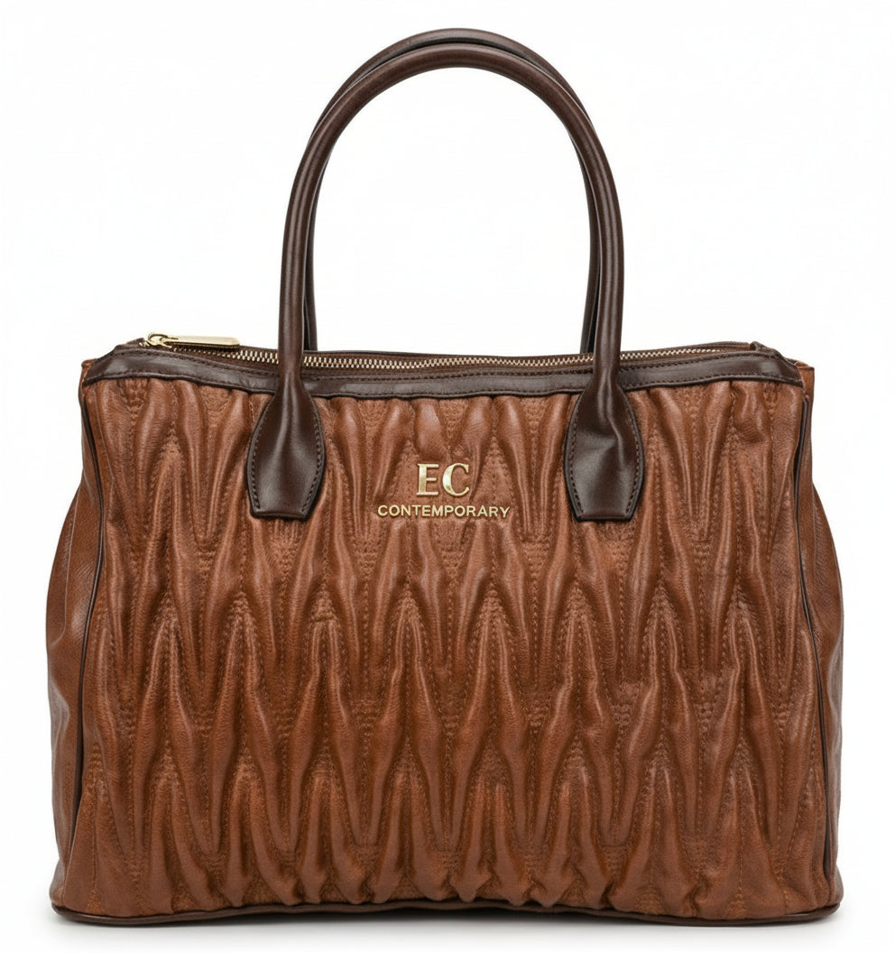 Borsa trapuntata, Vera pelle, Marrone, E Contemporary, loogo Oro