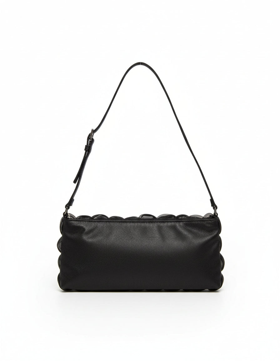 Pochette Nera Albertario con fiori in rilievo, Decorata con cristalli, Borsetta a spalla