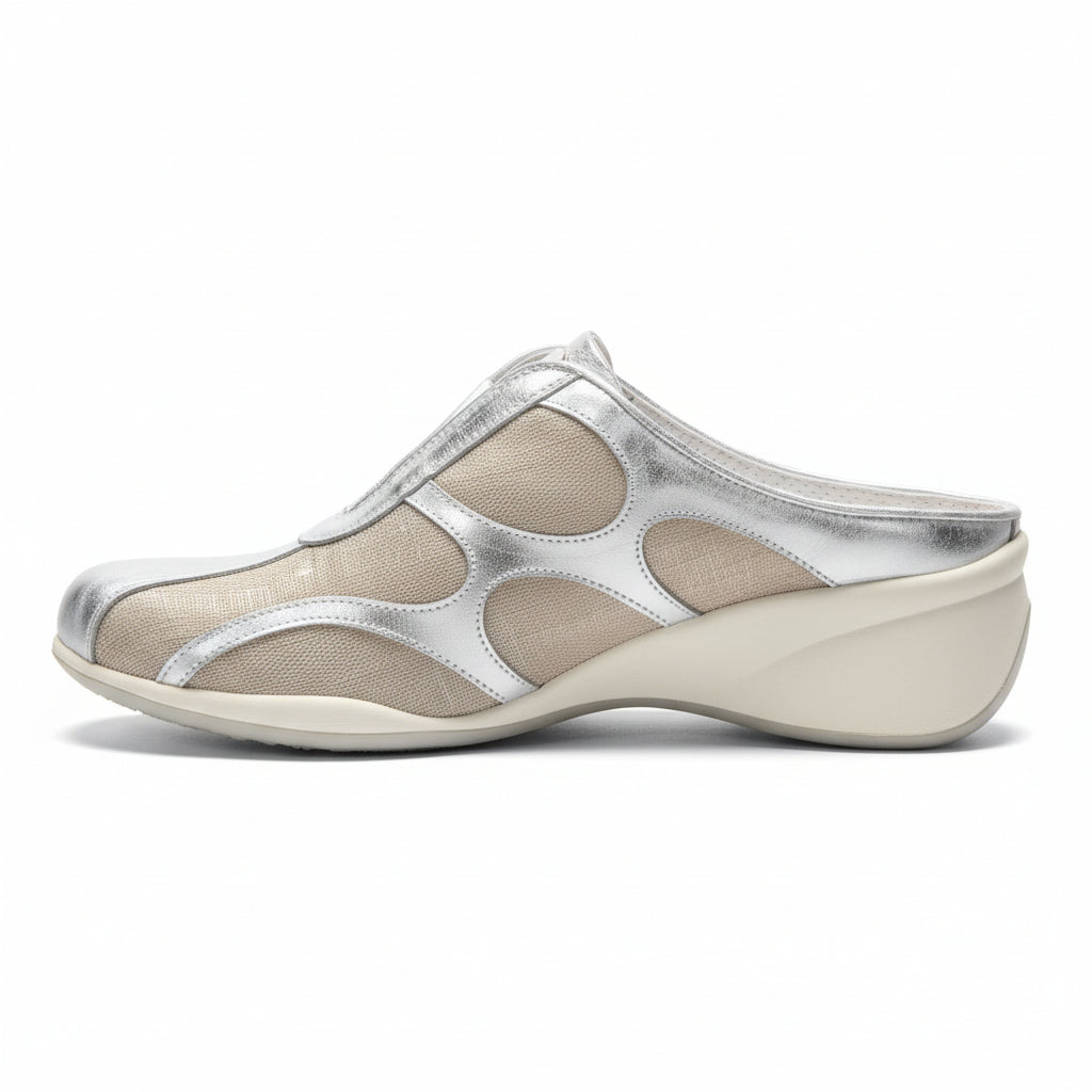 Sabot Nero Giardini, Vera Pelle Argento Specchiato, Tela Beige con riflessi argento