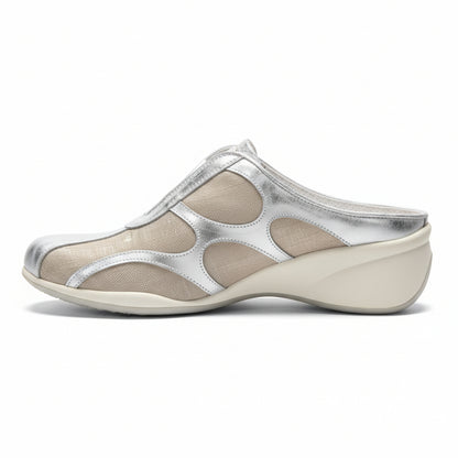 Sabot Nero Giardini, Vera Pelle Argento Specchiato, Tela Beige con riflessi argento