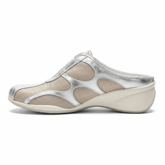 Sabot Nero Giardini, Vera Pelle Argento Specchiato, Tela Beige con riflessi argento