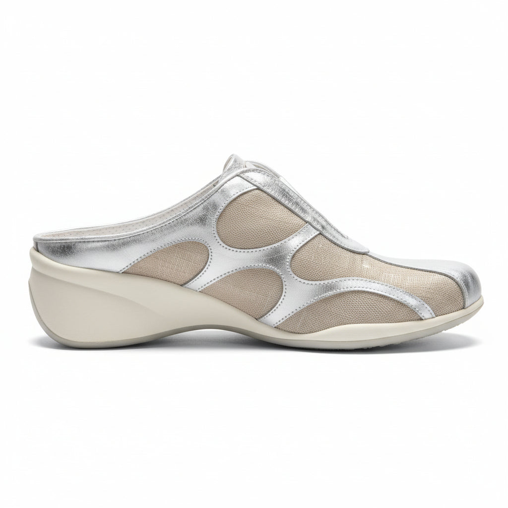 Sabot Nero Giardini, Vera Pelle Argento Specchiato, Tela Beige con riflessi argento