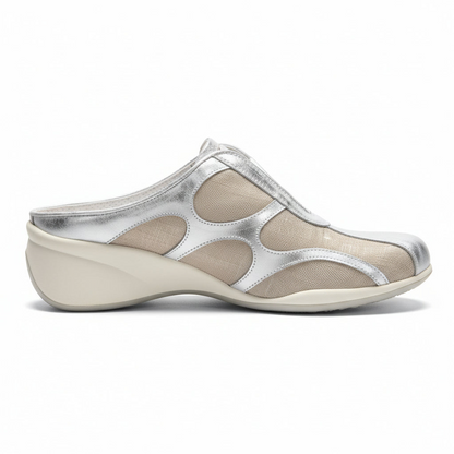 Sabot Nero Giardini, Vera Pelle Argento Specchiato, Tela Beige con riflessi argento