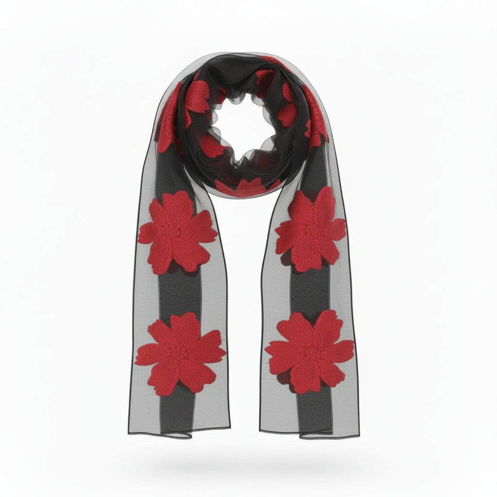 Foulard Nero Sciarpa Leggera in Organza con fiori rossi ricamati