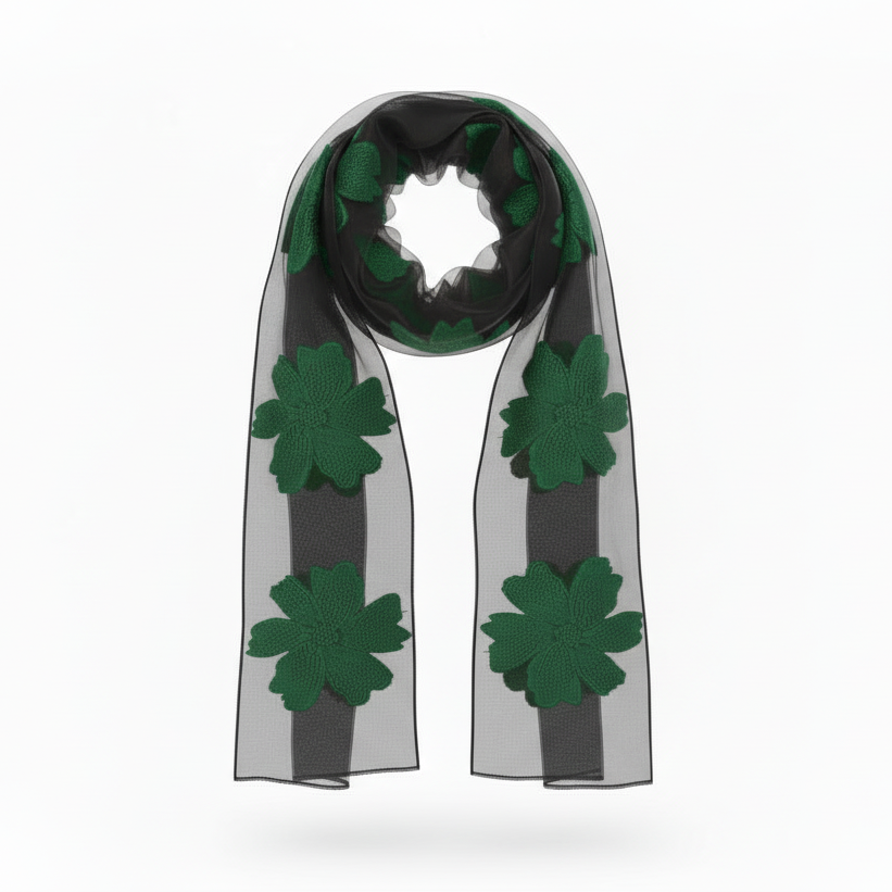 Foulard Nero Sciarpa Leggera in Organza con fiori verdi ricamati