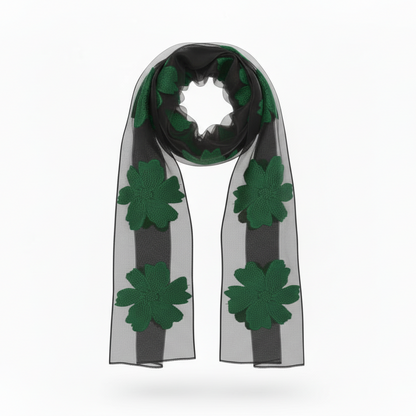 Foulard Nero Sciarpa Leggera in Organza con fiori verdi ricamati