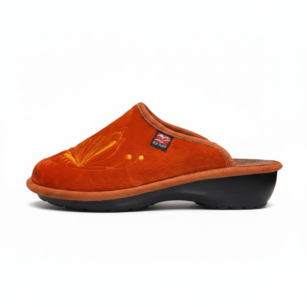 FlyFlot Ciabatte Donna in Velour, Arancione Aragosta con Ricamo Floreale, 28849