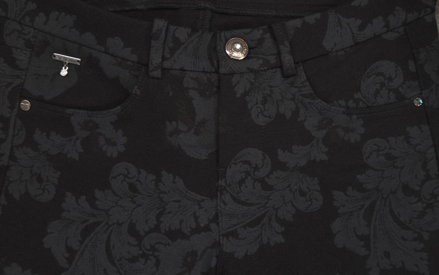 Pantaloni damascato da donna, elasticizzati, Nero Giardini, Nero, Bottone Gioiello