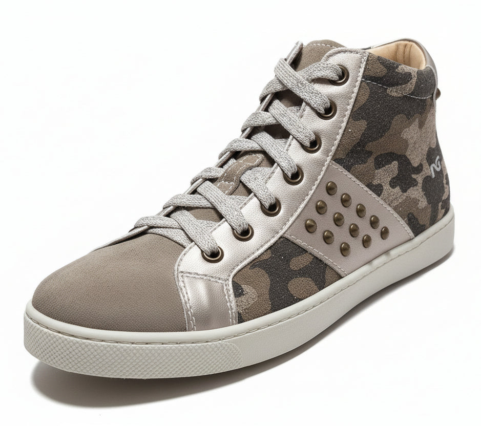 Sneakers Nero Giardini Junior Bambina, Vera Pelle, Beige Mimetico Glitter, Borchie, 35 EU
