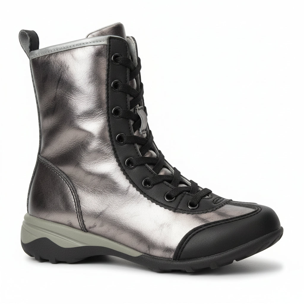 Stivaletti Lulù, Bambina e Ragazzina, Grigio Laminato e Nero, Zip, Vera Pelle