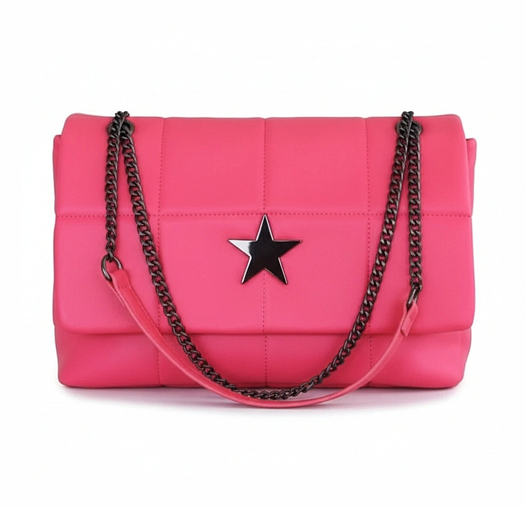 Borsa PhilFirenze Rosa Fucsia con Catena Regolabile, Bottone a Stella - 35x25x11 cm