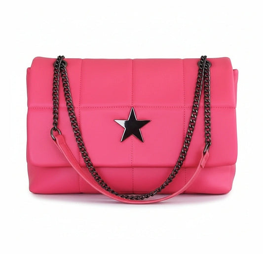 Borsa PhilFirenze Rosa Fucsia con Catena Regolabile, Bottone a Stella - 35x25x11 cm