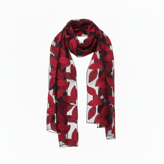 Foulard Nero Sciarpa Leggera in Organza con foglie rosse ricamate