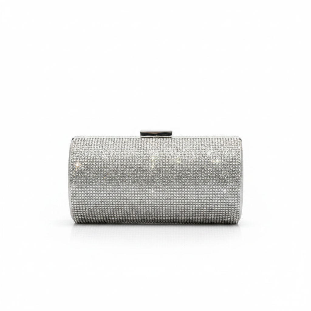 Pochette Cilindrica Donna Mili Argento con Strass e Catena da Sera e Cerimonia