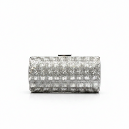 Pochette Cilindrica Donna Mili Argento con Strass e Catena da Sera e Cerimonia