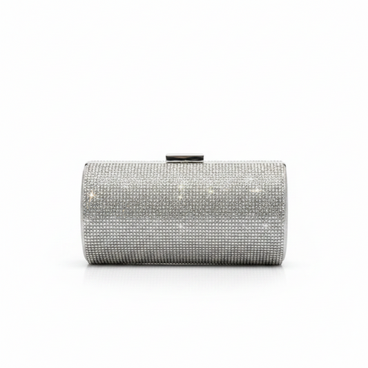 Pochette Cilindrica Donna Mili Argento con Strass e Catena da Sera e Cerimonia