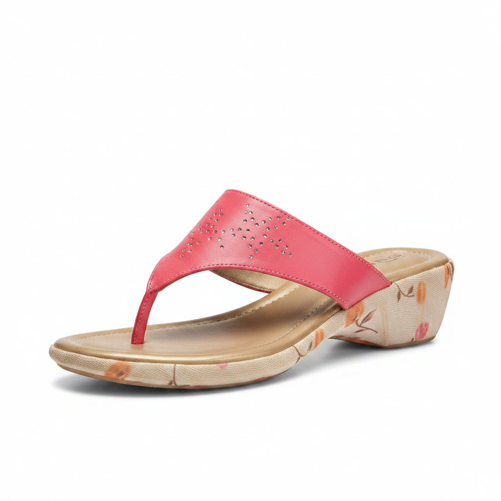 Ciabatte Infradito Rosa in Vera Pelle con strass, zeppa floreale, Donna