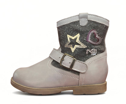 Stivaletti Bambina, Nero Giardini, Vera Pelle Grigio Taupe con decorazioni Stella e Cuore, Zip