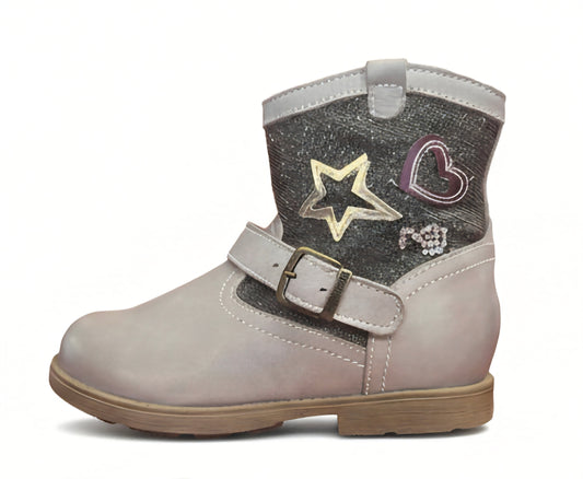Stivaletti Bambina, Nero Giardini, Vera Pelle Grigio Taupe con decorazioni Stella e Cuore, Zip