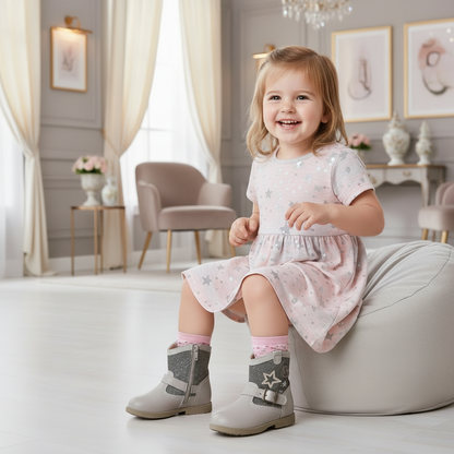 Stivaletti Bambina, Nero Giardini, Vera Pelle Grigio Taupe con decorazioni Stella e Cuore, Zip
