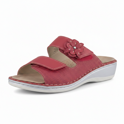 Ciabatte Donna Cinzia Soft Rosse con Fiore – Vera Pelle, Plantare Estraibile, Doppio Strappo