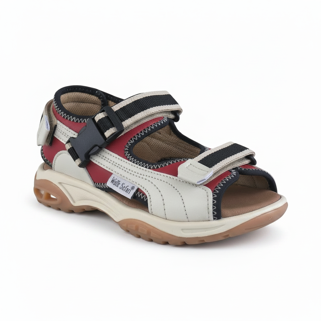 Sandali Bambino Walk Safari 3190A – Vera Pelle e Tessuto Beige Rosso Blu Navy